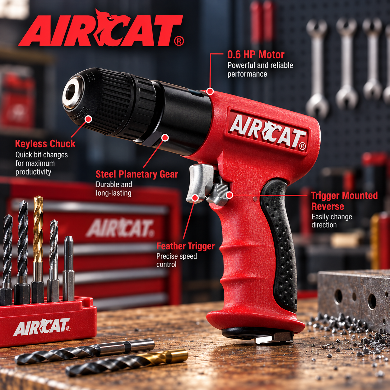 AIRCAT 4338 / 0.6 HP 3/8” composite reversible drill / keyless - Image 2